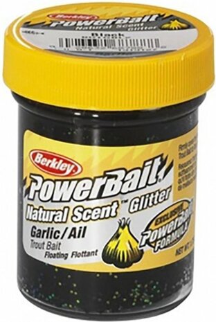 Berkley Powerbait Foreldeeg Troutbait Natural Scent Garlic Black Zwart 50gr goudvoorn